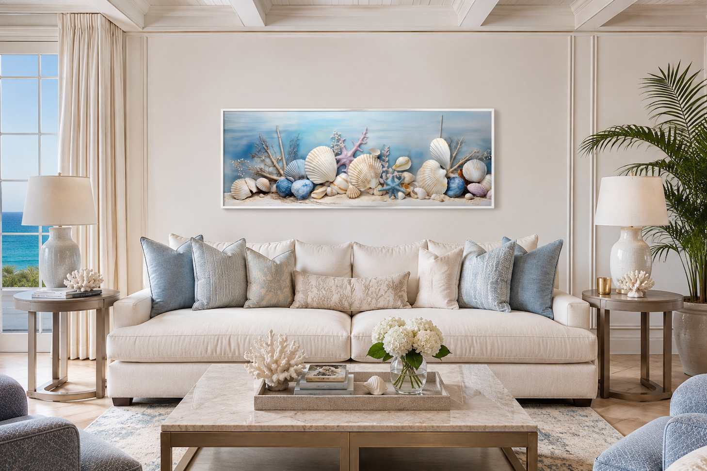 Coastal Wall Art Seashells In Sand Panoramic Canvas For Above Bed Wall Decor