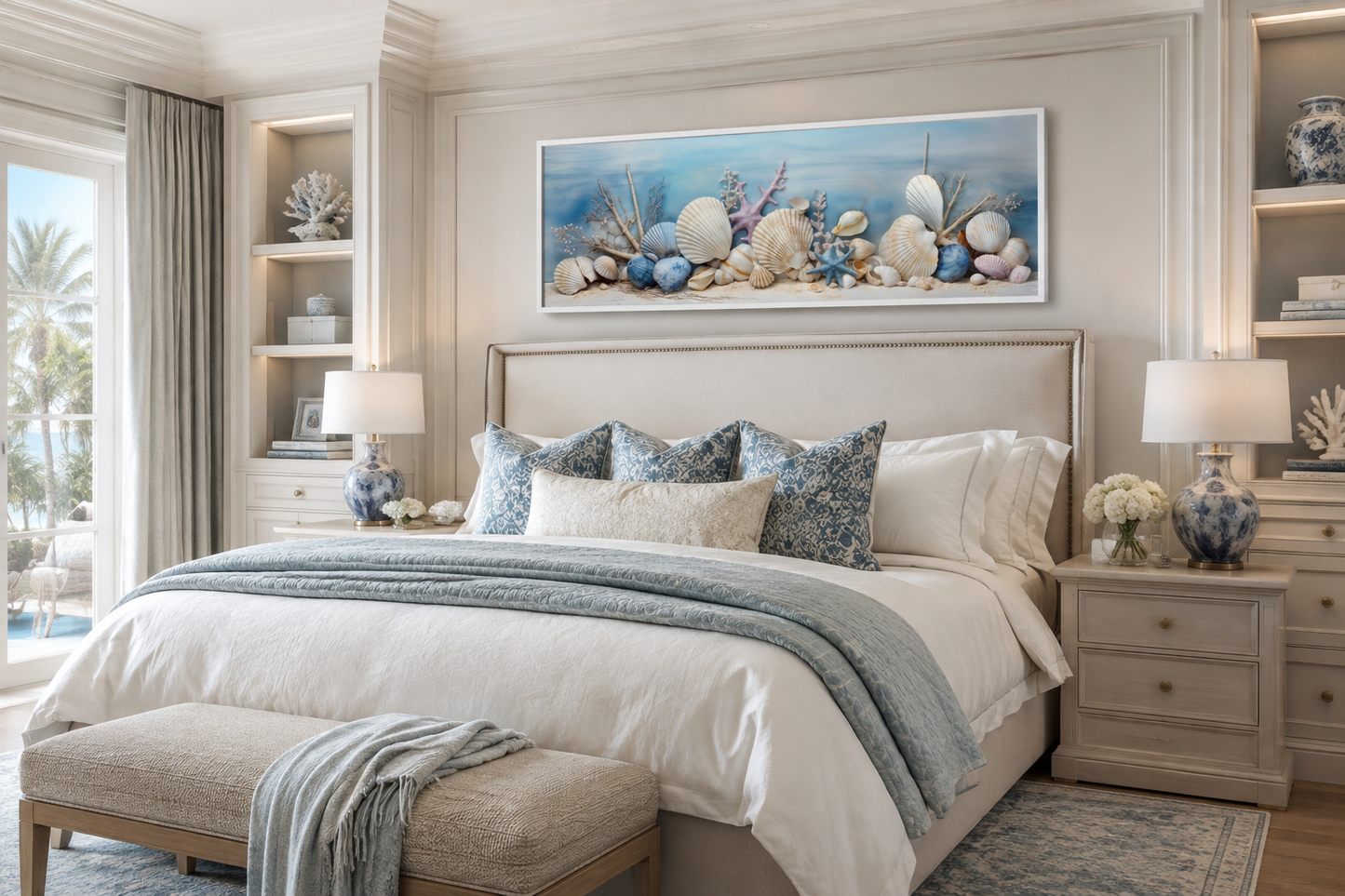 Coastal Wall Art Seashells In Sand Panoramic Canvas For Above Bed Wall Decor