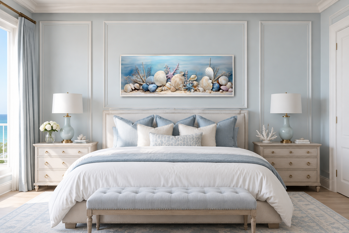 Coastal Wall Art Seashells In Sand Panoramic Canvas For Above Bed Wall Decor