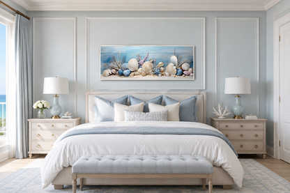 Coastal Wall Art Seashells In Sand Panoramic Canvas For Above Bed Wall Decor