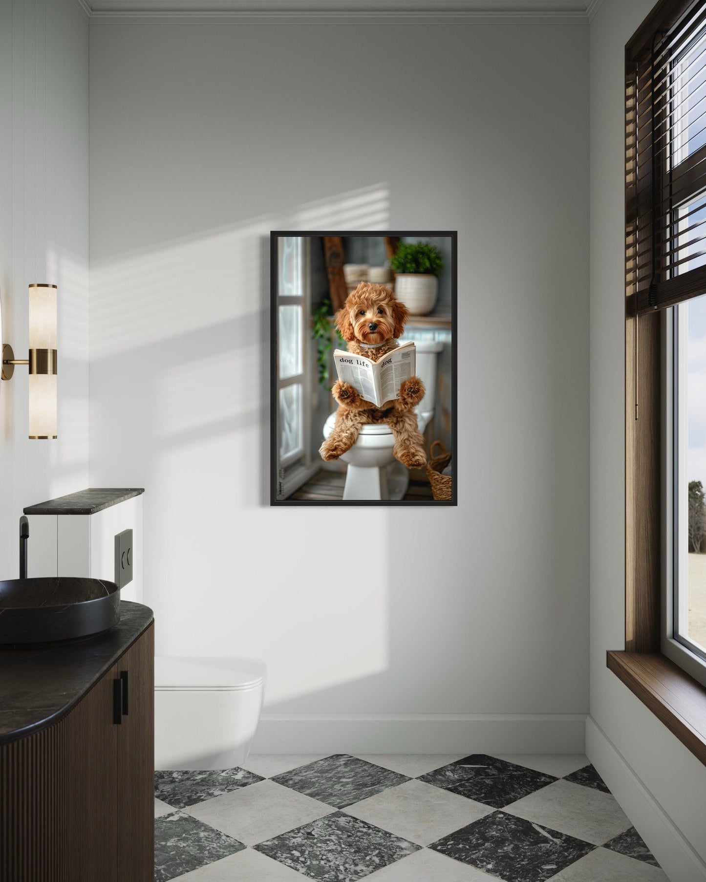 Cockapoo Dog On The Toilet Reading Newspaper Picture Canvas Wall Art