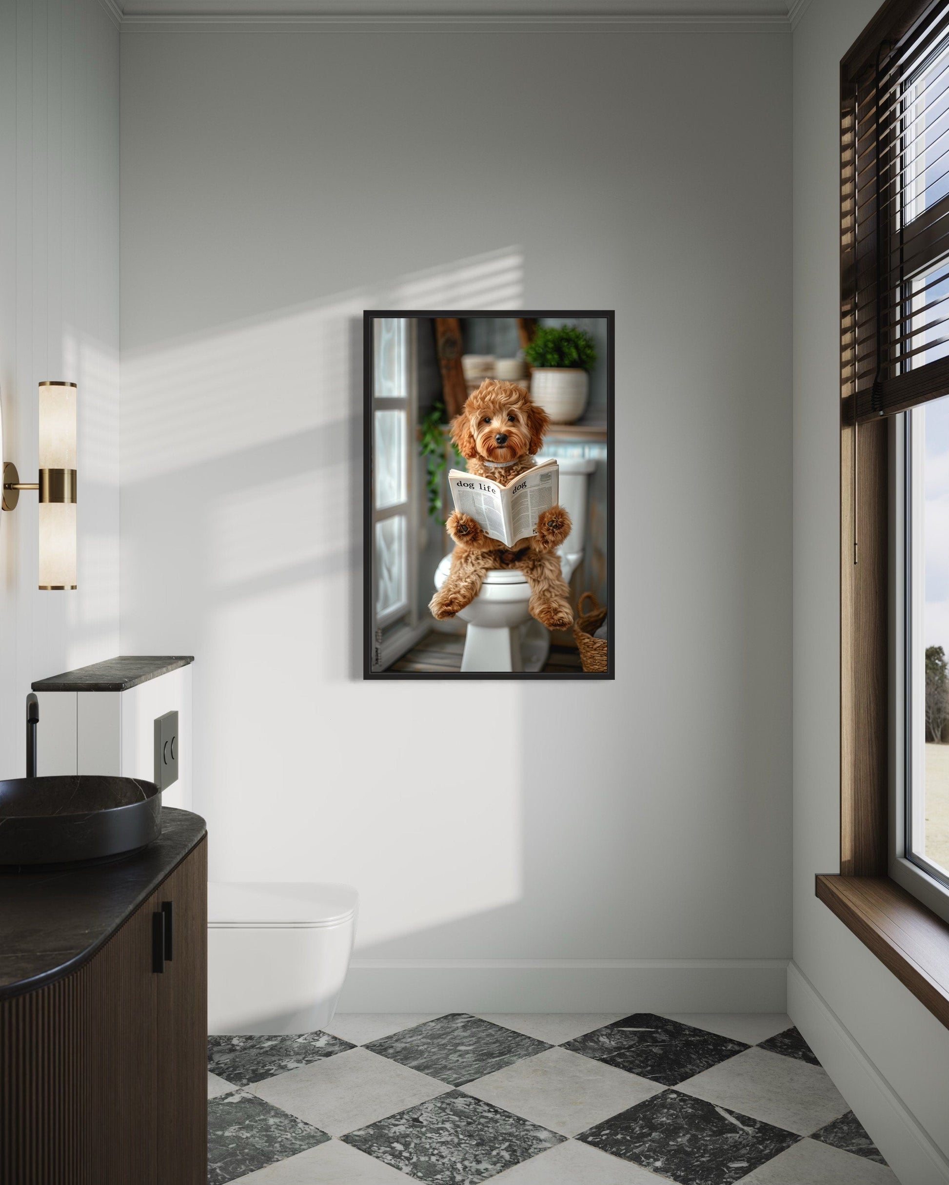 Cockapoo Dog On The Toilet Reading Newspaper Picture Canvas Wall Art