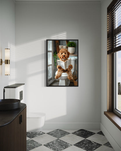 Cockapoo Dog On The Toilet Reading Newspaper Picture Canvas Wall Art