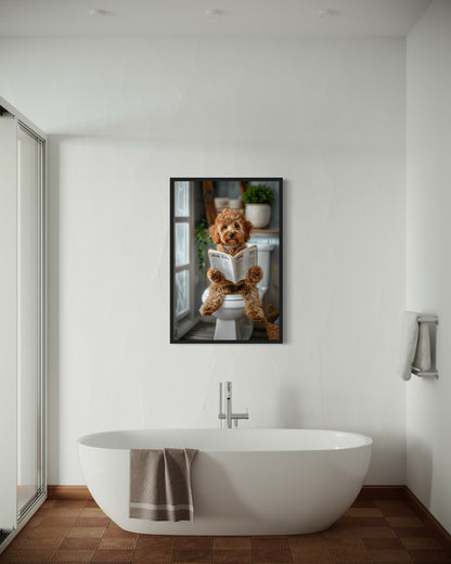 Cockapoo Dog On The Toilet Reading Newspaper Picture Canvas Wall Art
