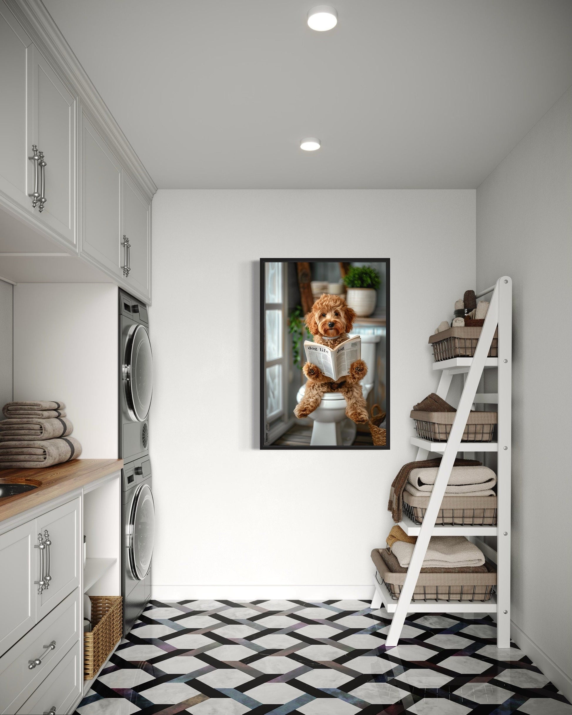 Cockapoo Dog On The Toilet Reading Newspaper Picture Canvas Wall Art