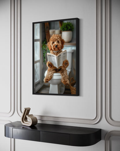 Cockapoo Dog On The Toilet Reading Newspaper Picture Canvas Wall Art