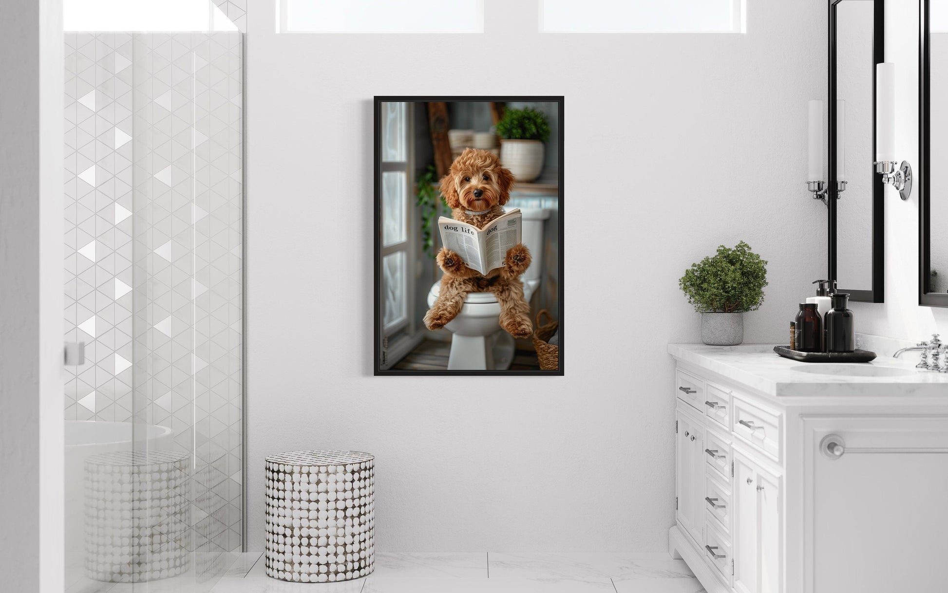 Cockapoo Dog On The Toilet Reading Newspaper Picture Canvas Wall Art