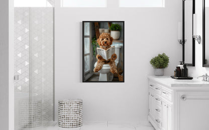 Cockapoo Dog On The Toilet Reading Newspaper Picture Canvas Wall Art