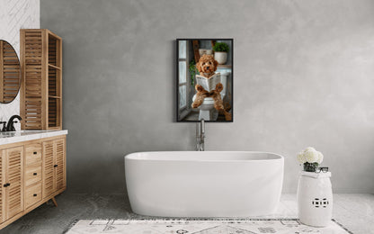 Cockapoo Dog On The Toilet Reading Newspaper Picture Canvas Wall Art