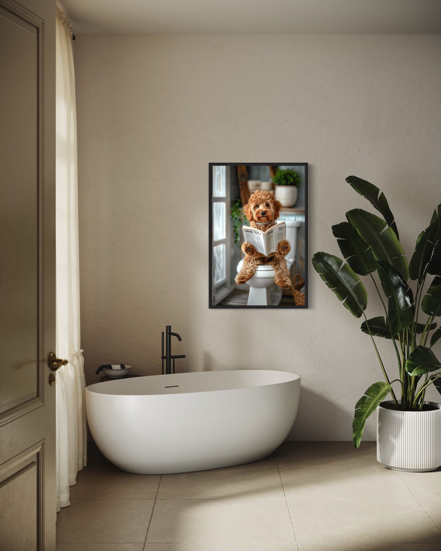 Cockapoo Dog On The Toilet Reading Newspaper Picture Canvas Wall Art