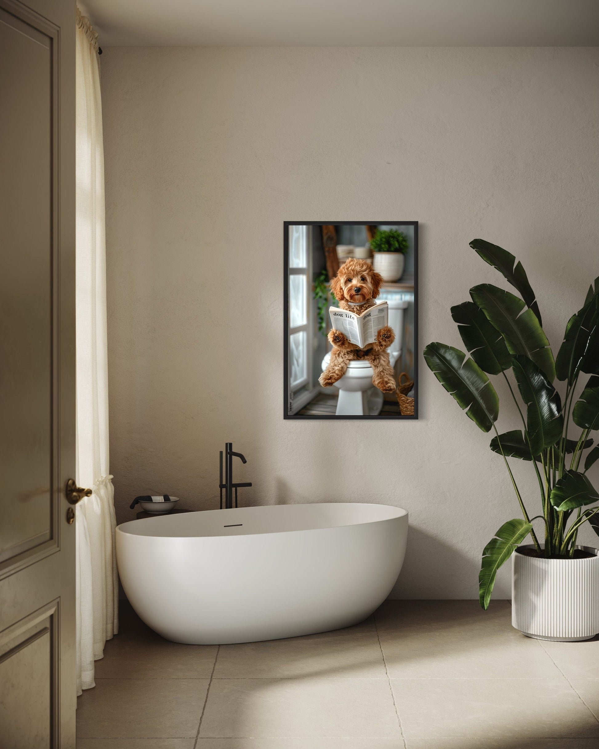 Cockapoo Dog On The Toilet Reading Newspaper Picture Canvas Wall Art