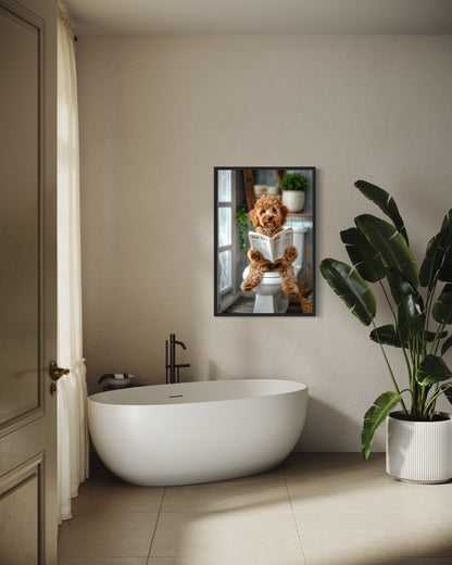 Cockapoo Dog On The Toilet Reading Newspaper Picture Canvas Wall Art