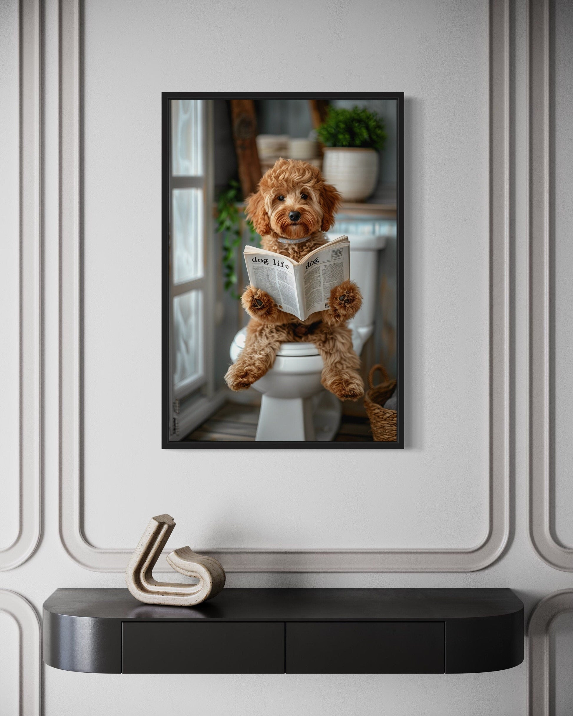 Cockapoo Dog On The Toilet Reading Newspaper Picture Canvas Wall Art