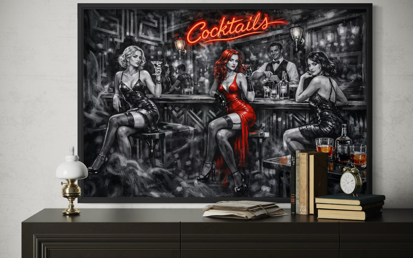 Cocktails Bar Wall Art – Retro Lounge Decor With Sexy Women Canvas Print