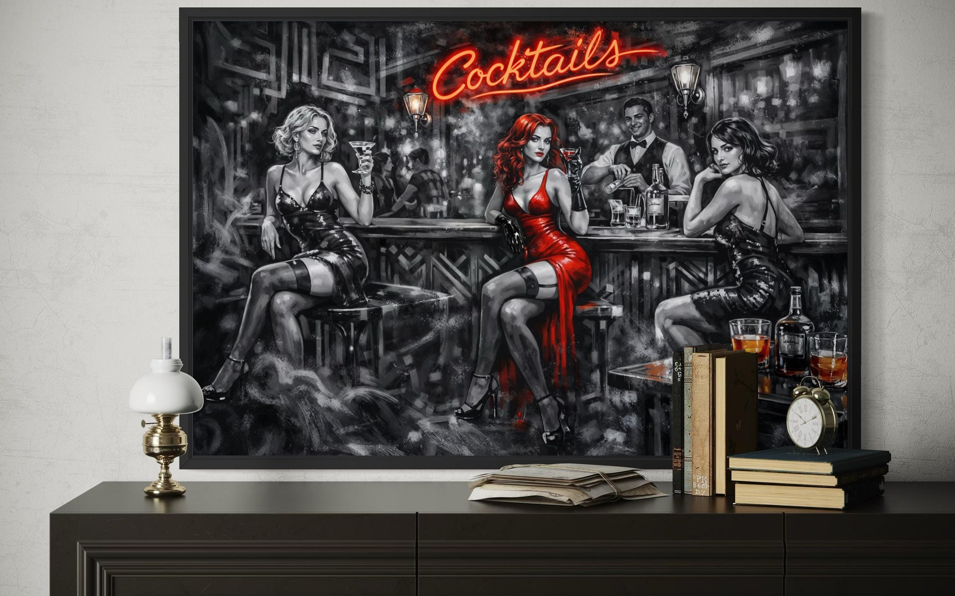 Cocktails Bar Wall Art – Retro Lounge Decor With Sexy Women Canvas Print