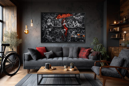 Cocktails Bar Wall Art – Retro Lounge Decor With Sexy Women Canvas Print