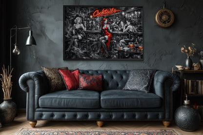 Cocktails Bar Wall Art – Retro Lounge Decor With Sexy Women Canvas Print
