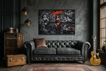 Cocktails Bar Wall Art – Retro Lounge Decor With Sexy Women Canvas Print