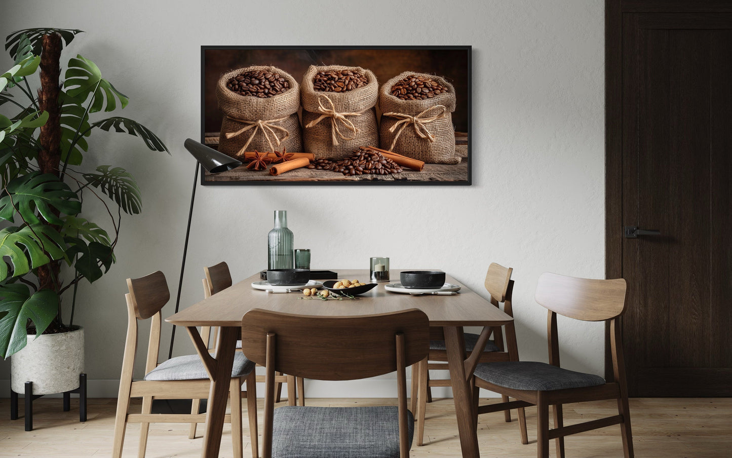 Coffee In Burlap Bags And Cinnamon Sticks Framed Canvas Wall Art For Dining Room Or Coffee Bar