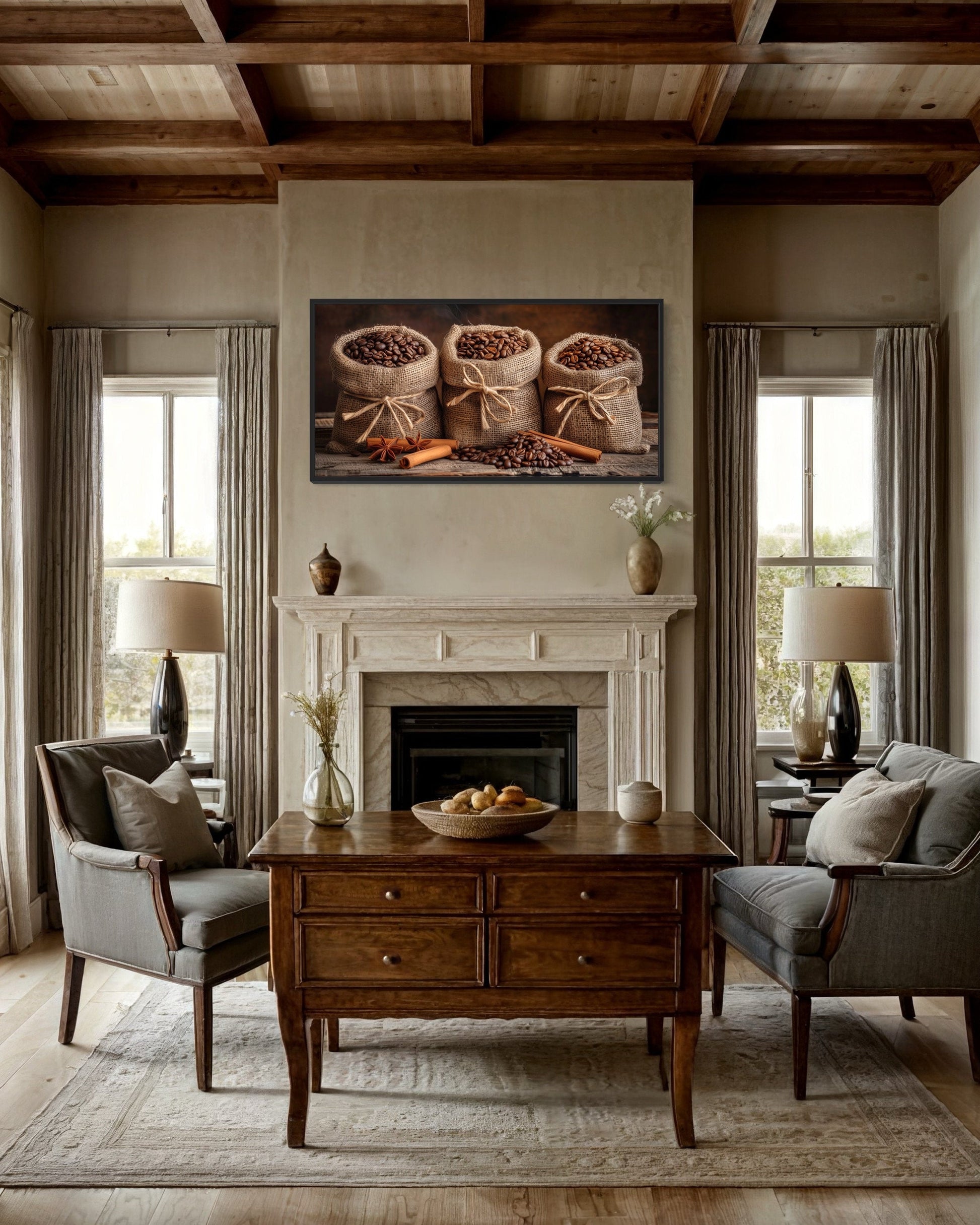 Coffee In Burlap Bags And Cinnamon Sticks Framed Canvas Wall Art For Dining Room Or Coffee Bar