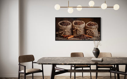 Coffee In Burlap Bags And Cinnamon Sticks Framed Canvas Wall Art For Dining Room Or Coffee Bar