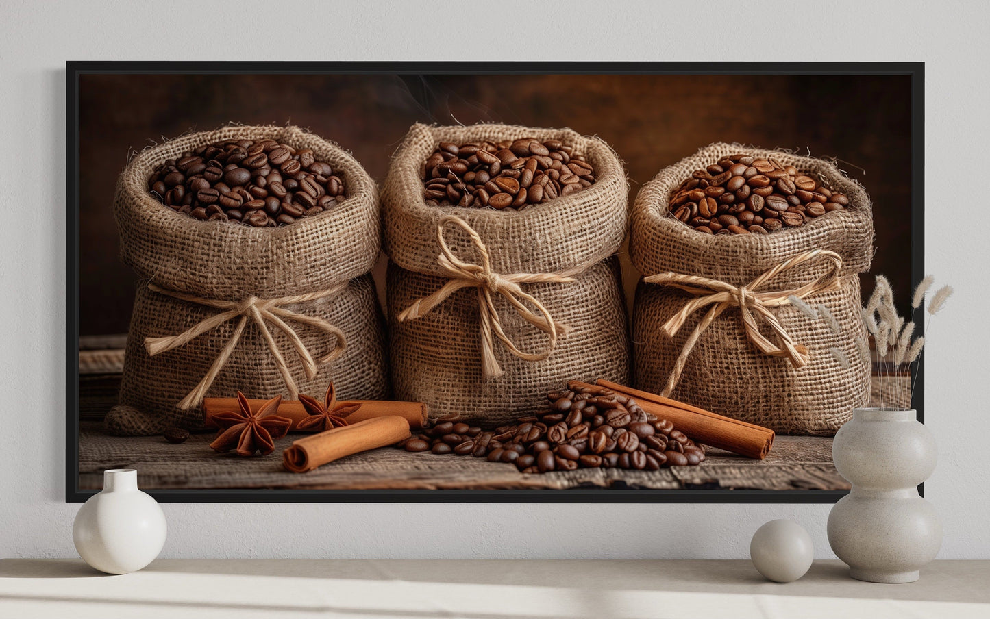 Coffee In Burlap Bags And Cinnamon Sticks Framed Canvas Wall Art For Dining Room Or Coffee Bar