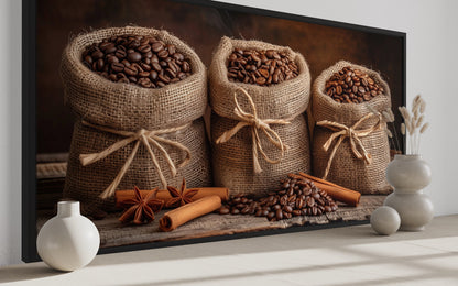 Coffee In Burlap Bags And Cinnamon Sticks Framed Canvas Wall Art For Dining Room Or Coffee Bar