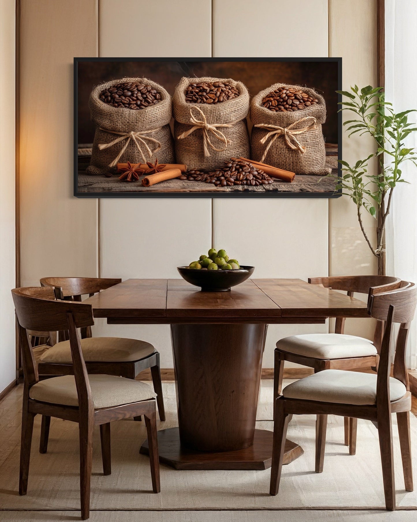 Coffee In Burlap Bags And Cinnamon Sticks Framed Canvas Wall Art For Dining Room Or Coffee Bar