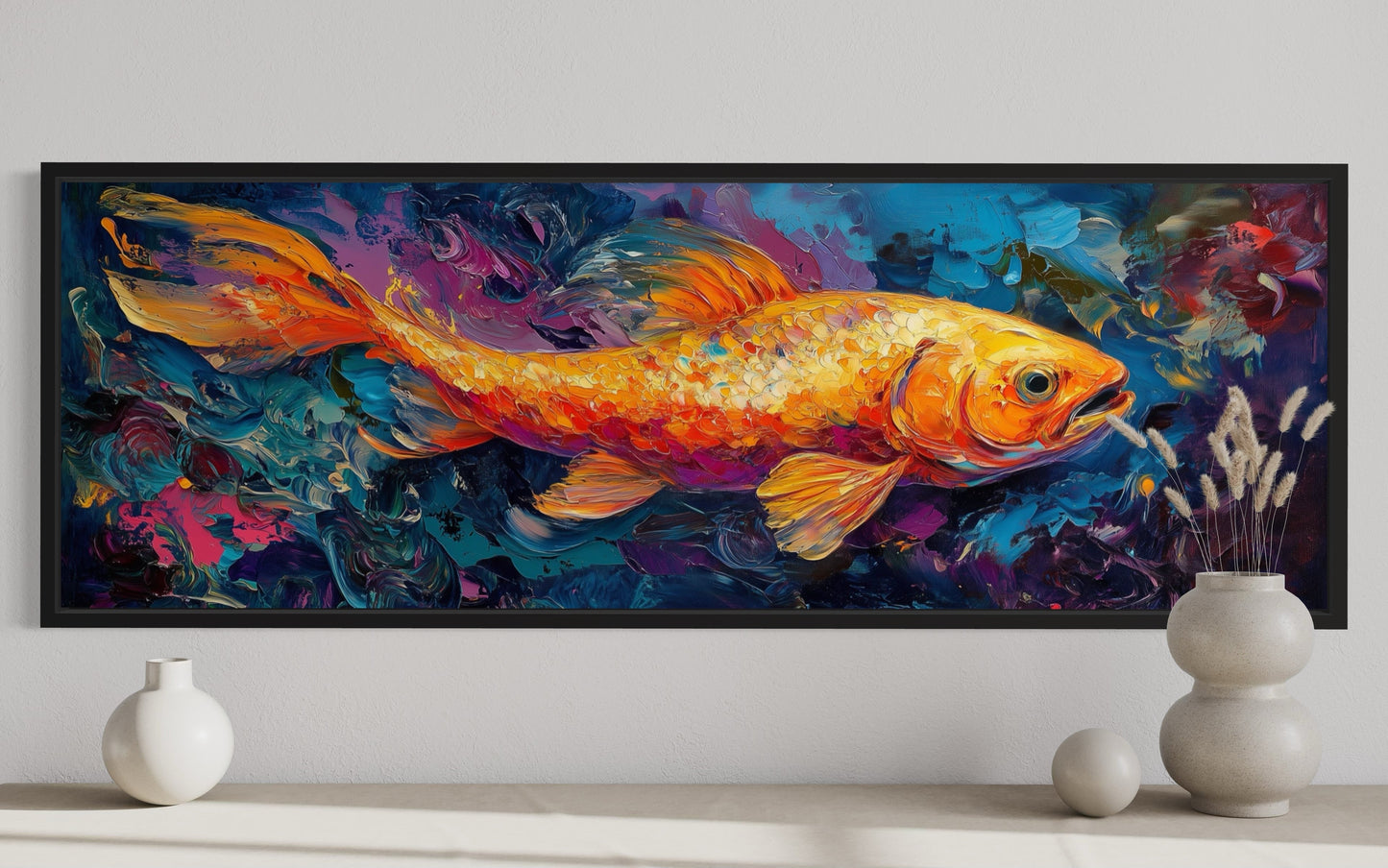 Colorful Abstract Goldfish Long Horizontal Framed Canvas Wall Art