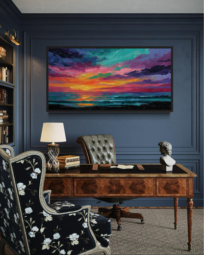 Colorful Abstract Ocean Sunset Framed Canvas Wall Art