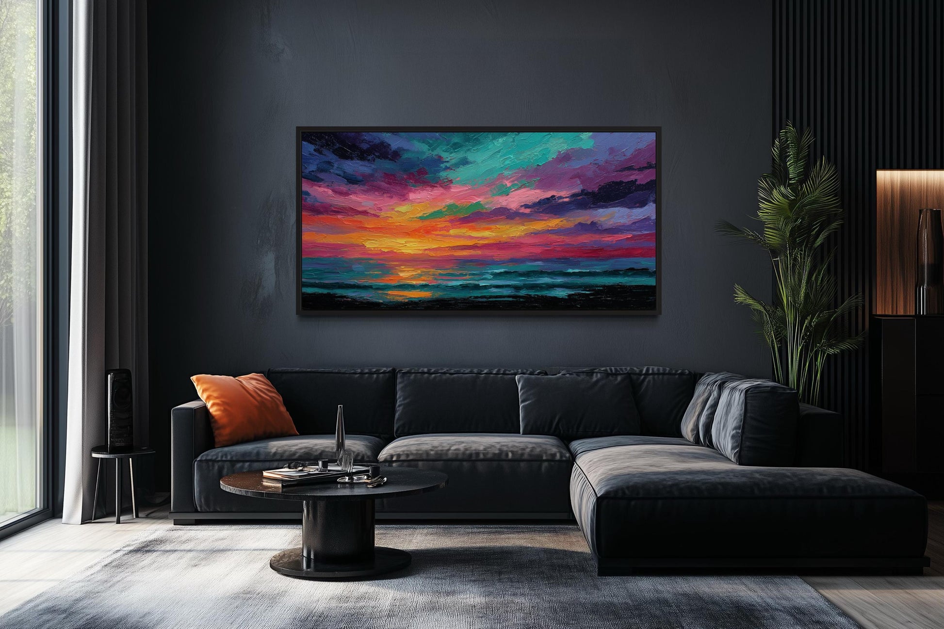 Colorful Abstract Ocean Sunset Framed Canvas Wall Art