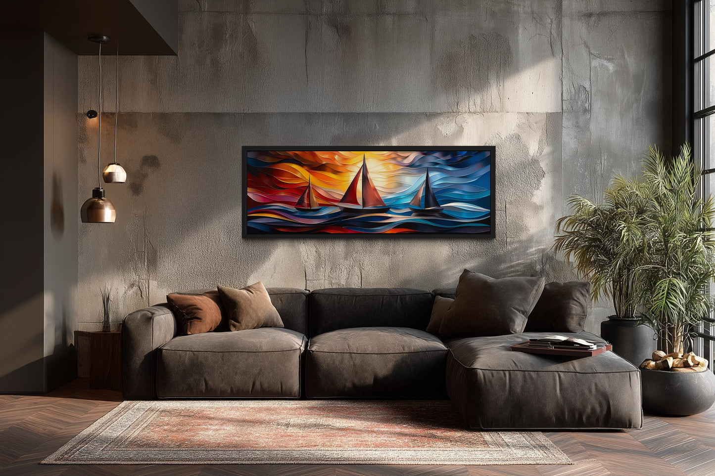 Colorful Art Deco Sail Boats Panoramic Framed Canvas Wall Art