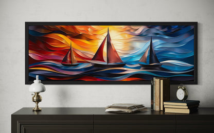 Colorful Art Deco Sail Boats Panoramic Framed Canvas Wall Art
