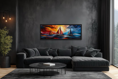 Colorful Art Deco Sail Boats Panoramic Framed Canvas Wall Art