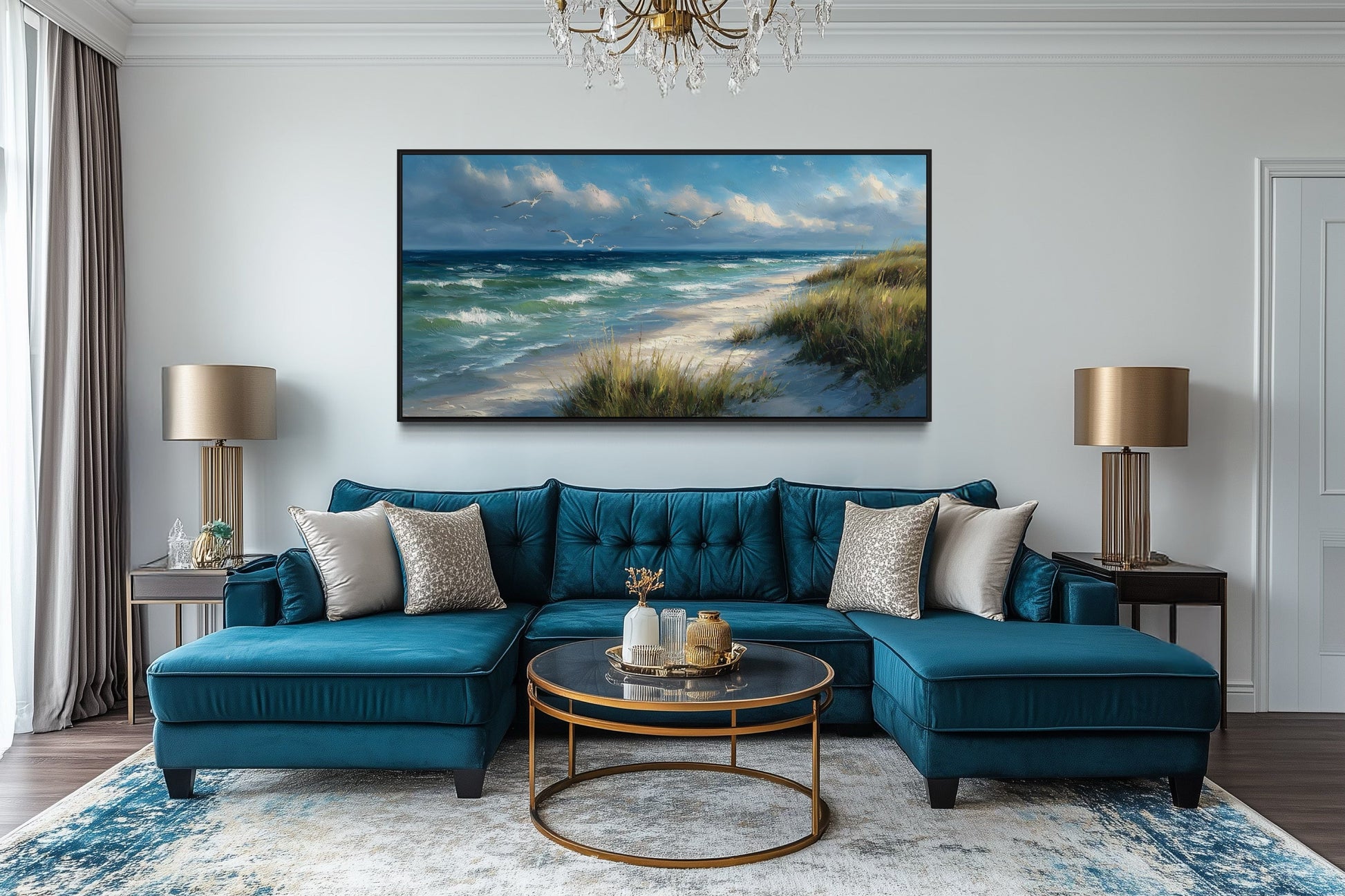 Colorful Beach With Seagulls And Grass Framed Canvas Wall Art