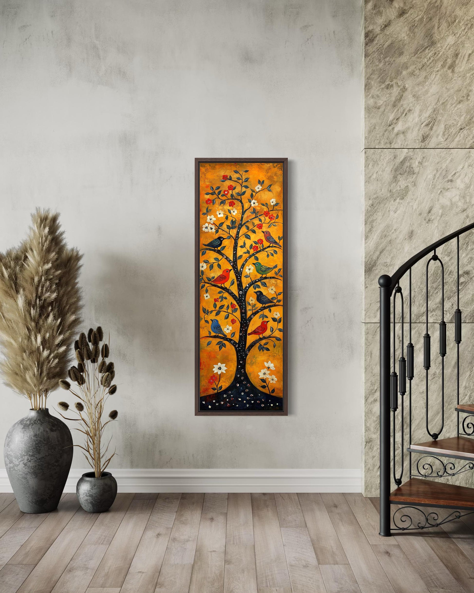 Colorful Birds In A Tree Wall Art - Tall Narrow Vertical Orange Canvas Print | Folk Art Painting