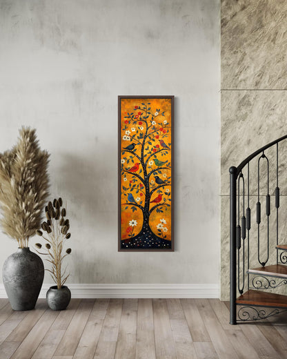 Colorful Birds In A Tree Wall Art - Tall Narrow Vertical Orange Canvas Print | Folk Art Painting