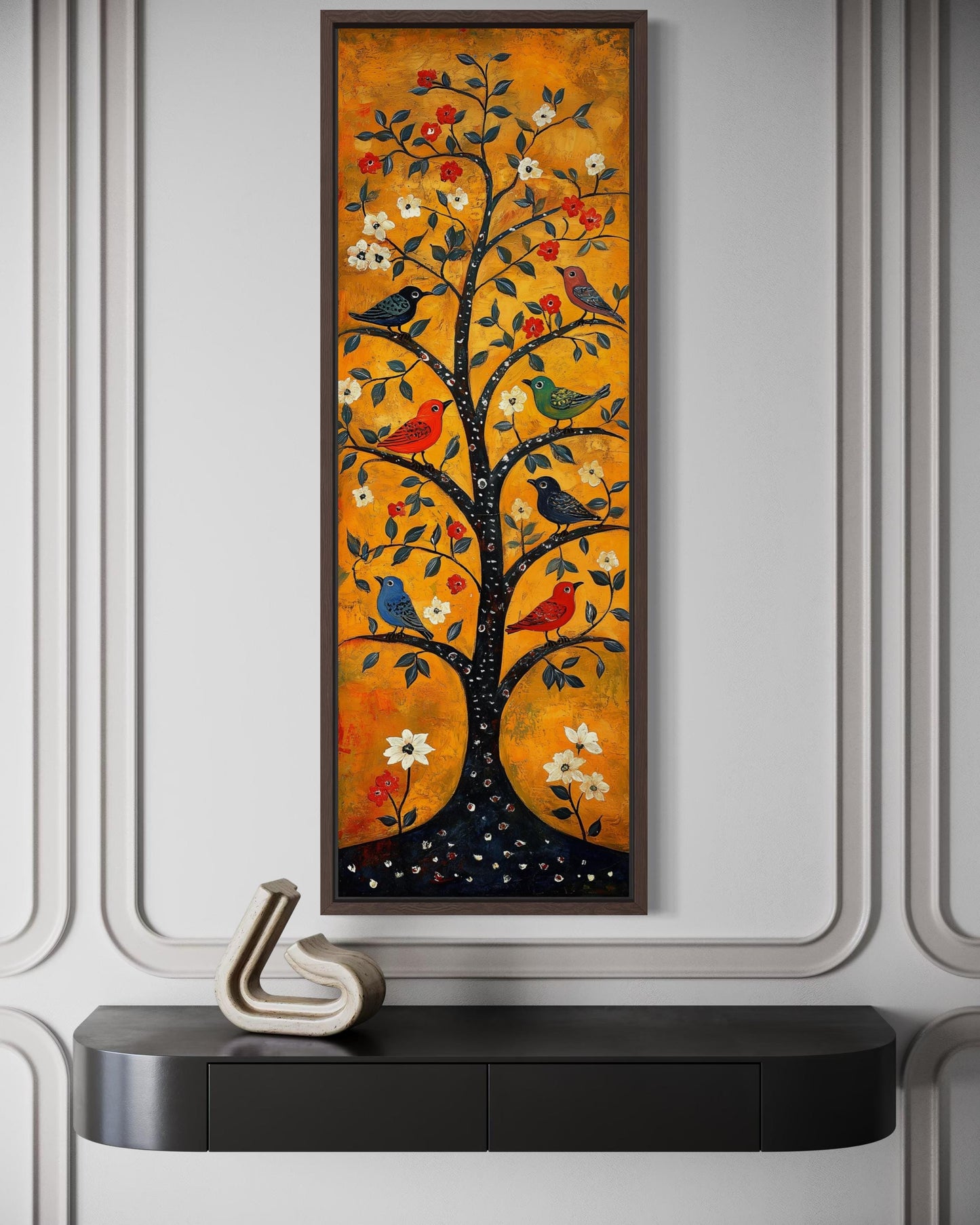 Colorful Birds In A Tree Wall Art - Tall Narrow Vertical Orange Canvas Print | Folk Art Painting
