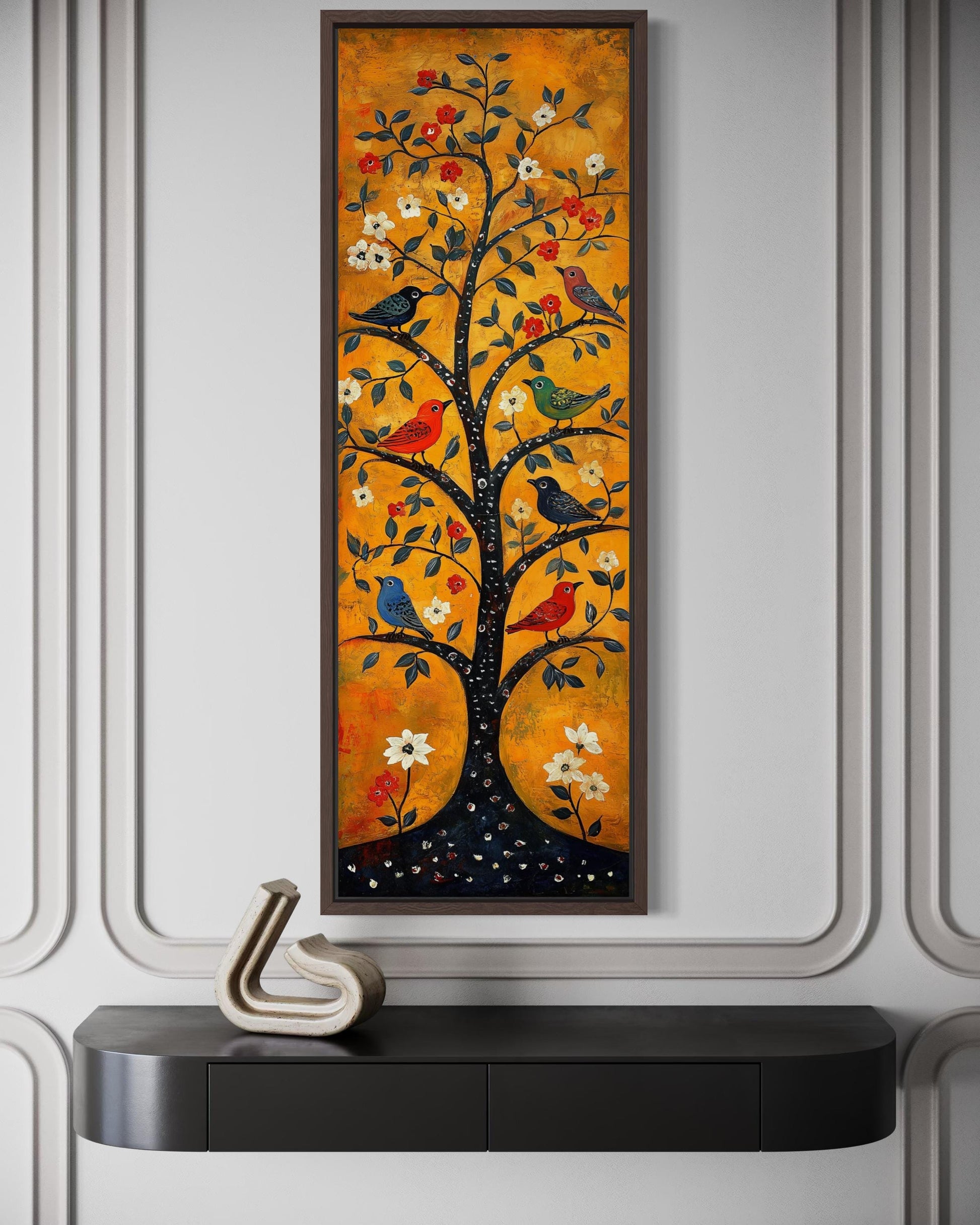 Colorful Birds In A Tree Wall Art - Tall Narrow Vertical Orange Canvas Print | Folk Art Painting