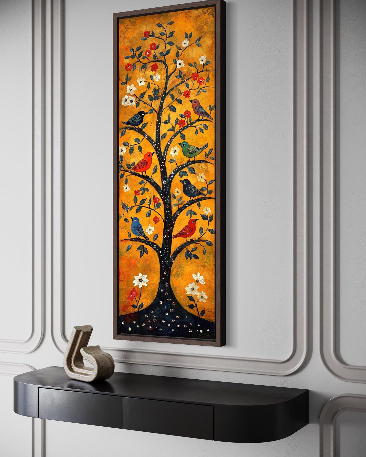 Colorful Birds In A Tree Wall Art - Tall Narrow Vertical Orange Canvas Print | Folk Art Painting