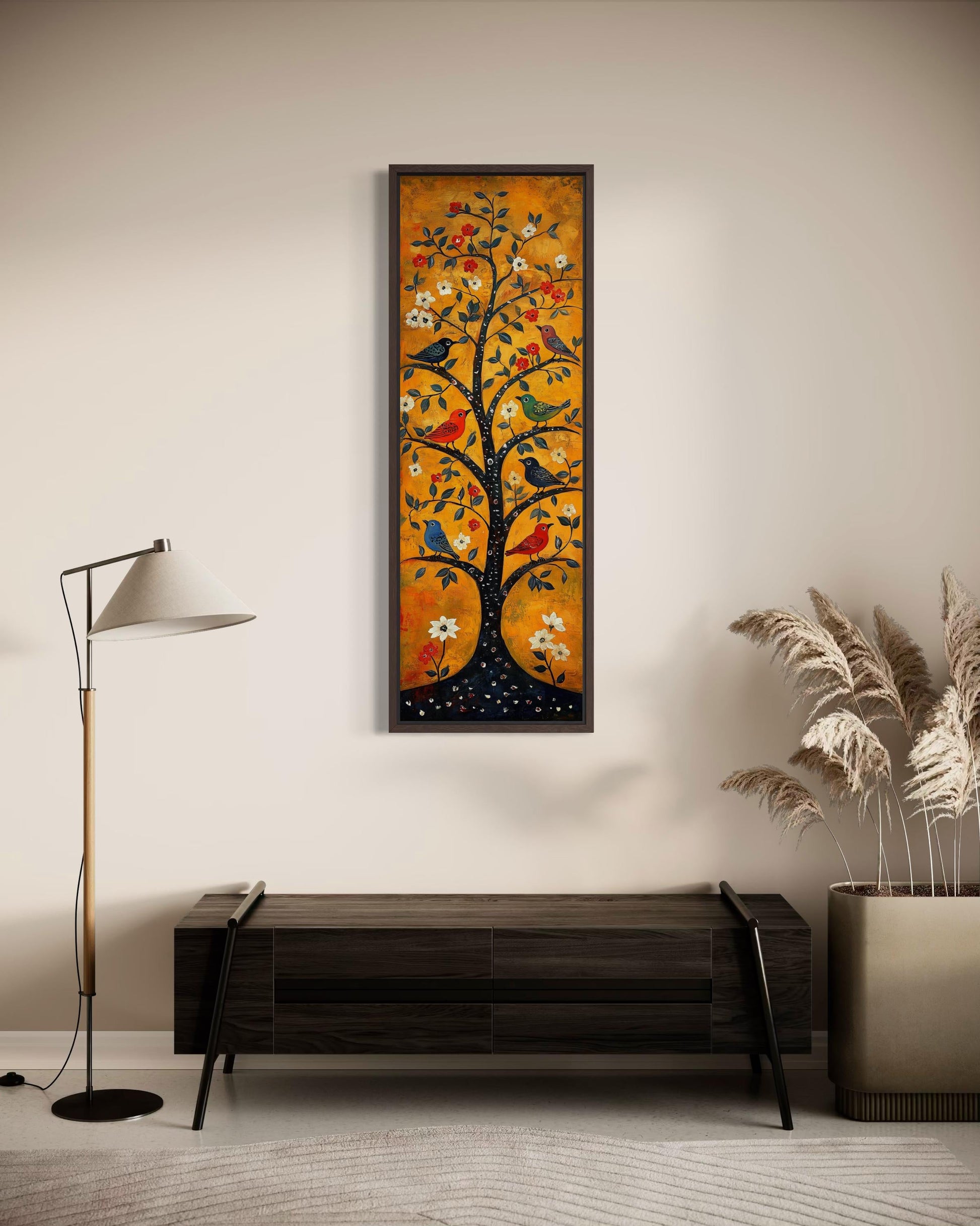 Colorful Birds In A Tree Wall Art - Tall Narrow Vertical Orange Canvas Print | Folk Art Painting