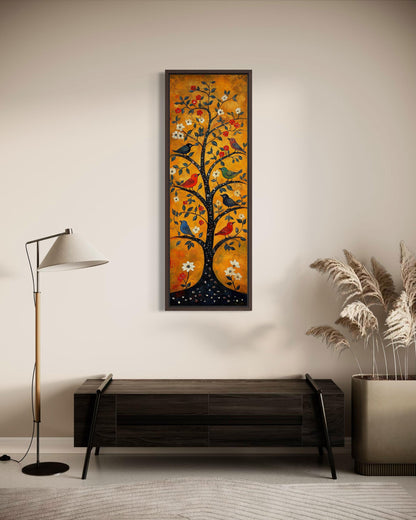 Colorful Birds In A Tree Wall Art - Tall Narrow Vertical Orange Canvas Print | Folk Art Painting