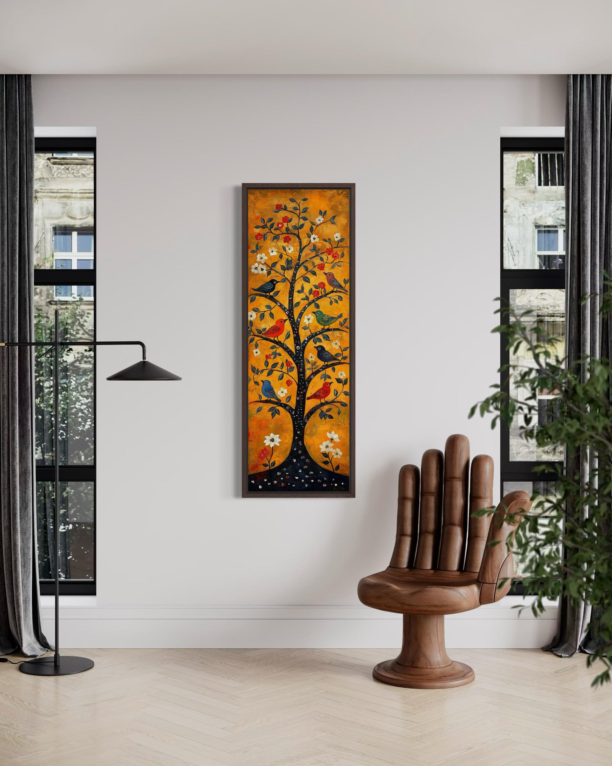 Colorful Birds In A Tree Wall Art - Tall Narrow Vertical Orange Canvas Print | Folk Art Painting