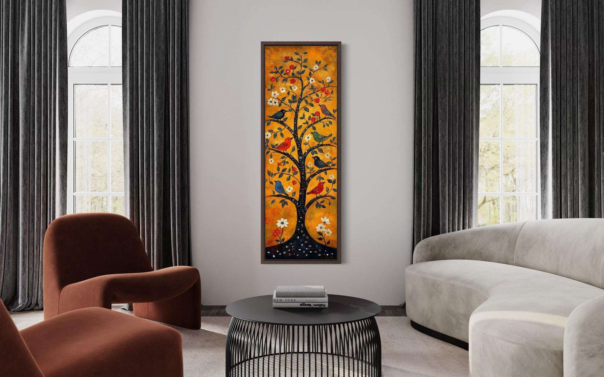 Colorful Birds In A Tree Wall Art - Tall Narrow Vertical Orange Canvas Print | Folk Art Painting