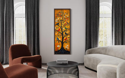 Colorful Birds In A Tree Wall Art - Tall Narrow Vertical Orange Canvas Print | Folk Art Painting