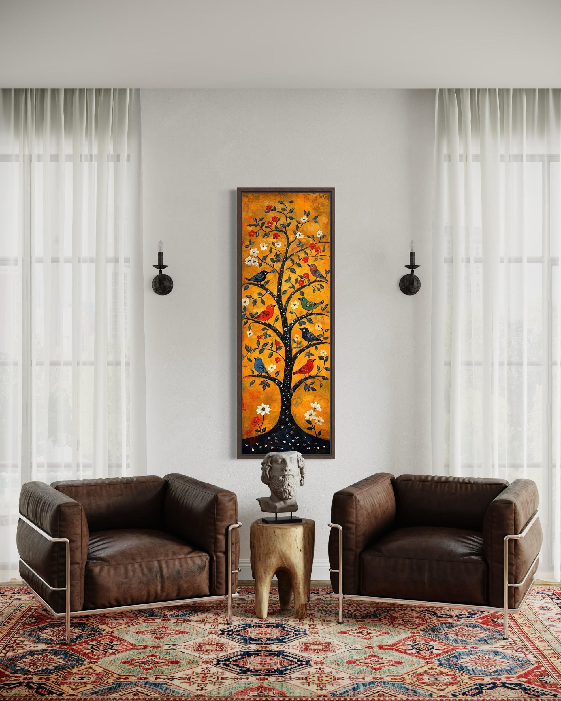 Colorful Birds In A Tree Wall Art - Tall Narrow Vertical Orange Canvas Print | Folk Art Painting
