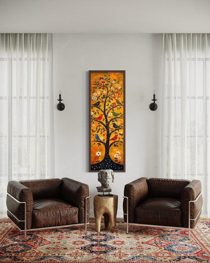 Colorful Birds In A Tree Wall Art - Tall Narrow Vertical Orange Canvas Print | Folk Art Painting