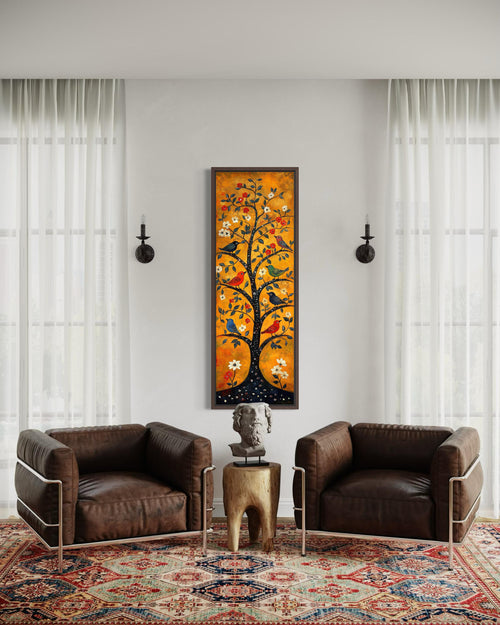 Colorful Birds In A Tree Wall Art - Tall Narrow Vertical Orange Canvas Print | Folk Art Painting