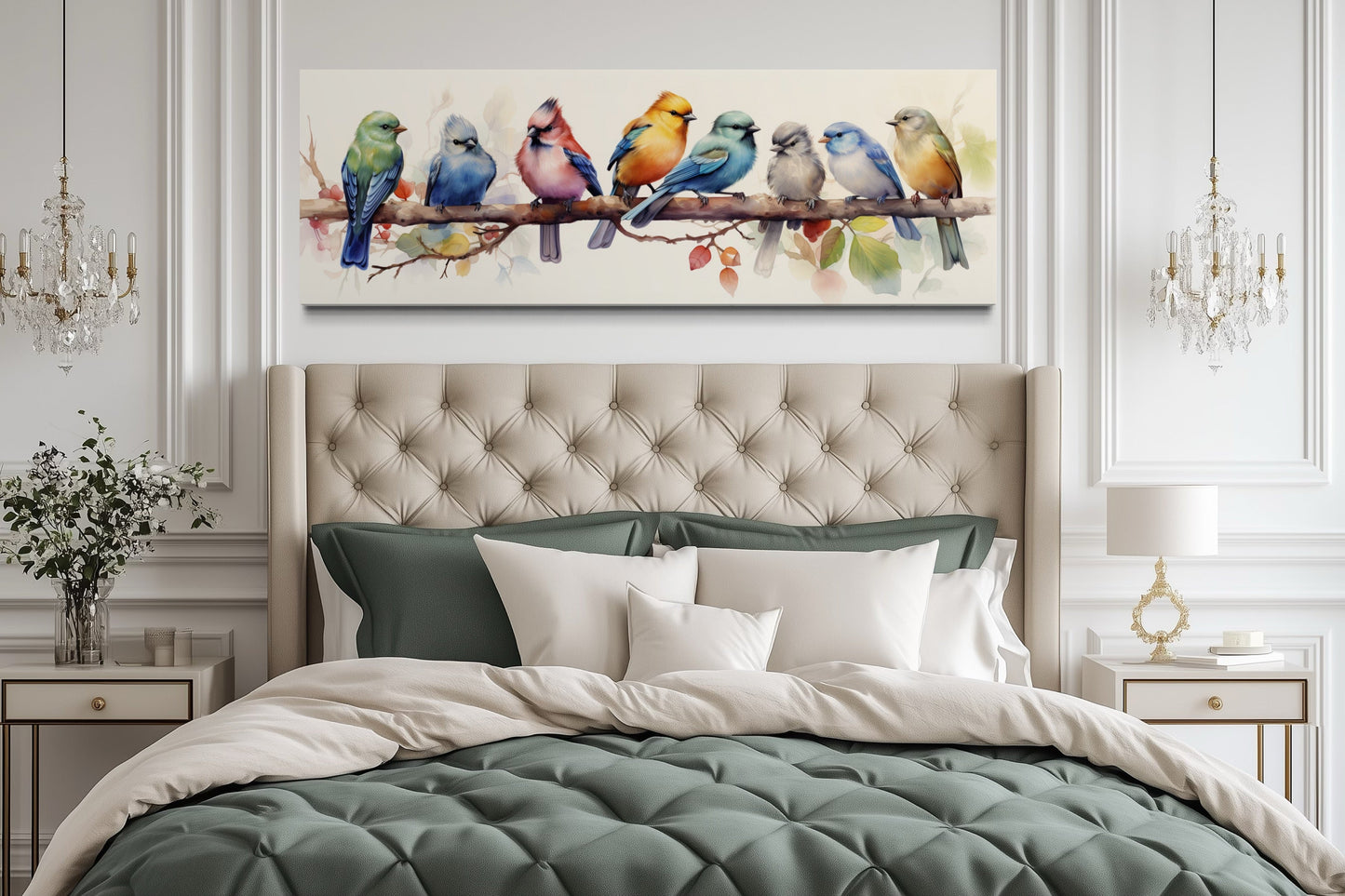 Colorful Birds On A Branch Horizontal Framed Canvas Wall Art