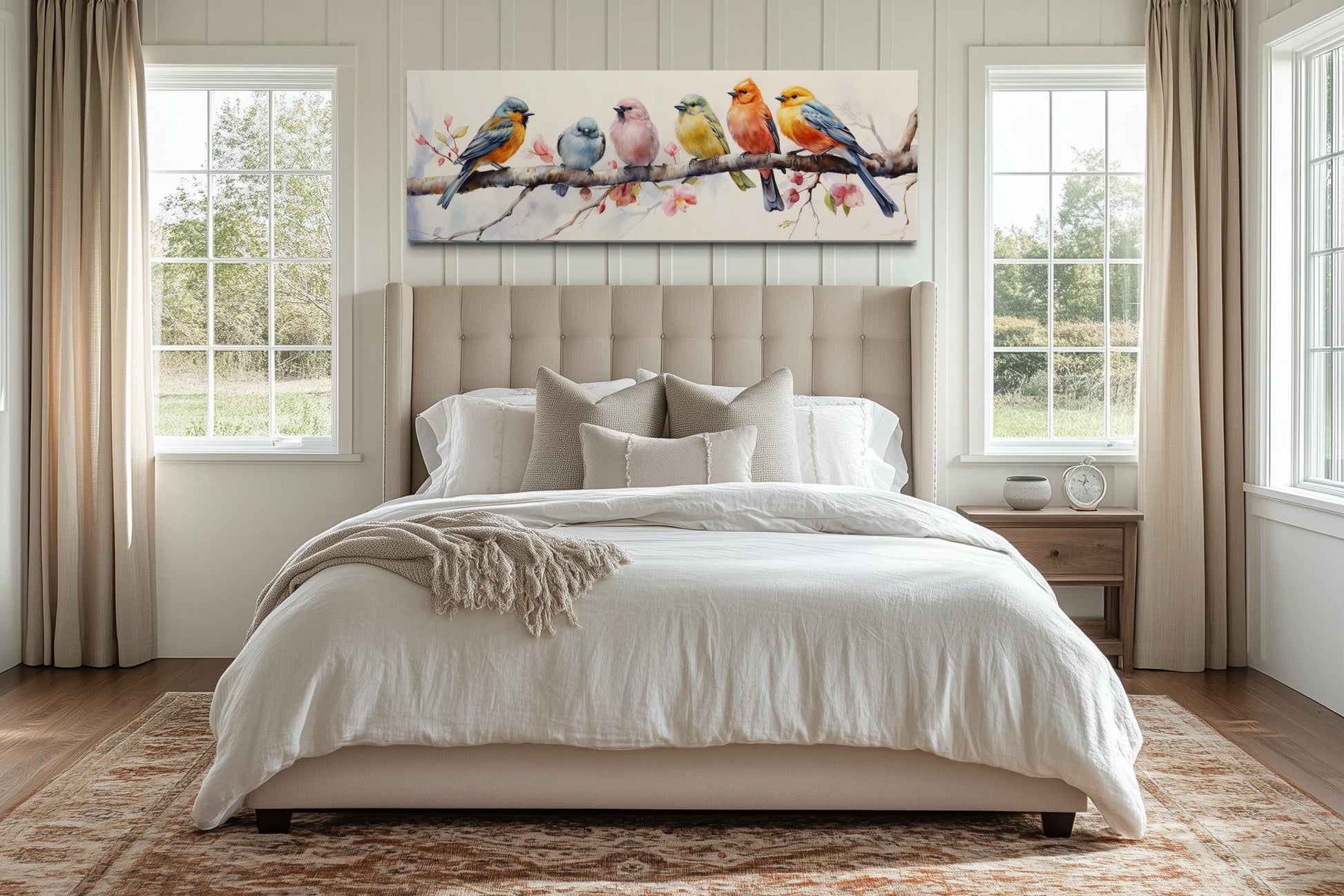 Colorful Birds On Branch Long Horizontal Above Bed Wall Art